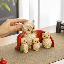 アメリカンスタイルの親子フクロウ陶器置物【デスクトップ・リビング・玄関用・工芸品】