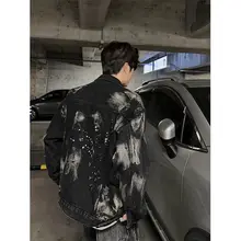 手作りの飛び絵デザイン 肩パッド付きデニムジャケット【秋用・翻訳翻領・ボタンなし】