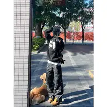 高身長向け 薄手グレー迷彩ワークパンツ【秋冬用・ハイウエスト・ルーズフィット・多ポケット】（セットアップ対応）