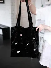 上品なブラックベルベット手作りビーズ装飾ショルダーバッグ【大容量・キャンバス素材・通勤用】