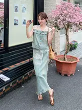 レース切り替えのフリルデザインデニムノースリーブトップスとスカート【夏用・女性用・魅力的なデザイン】（セットアップ対応）