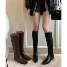 真皮製 ブラックロングブーツ【平底・後ろファスナー・ハイカット・スリム効果】
