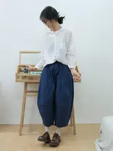 リネン製 春夏用 レディース ボタンダウンシャツ【シンプル・レトロスタイル・立ち襟】