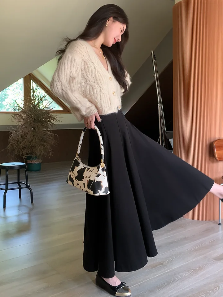 スカート 黒 Aライン 多層パッチワーク 春秋 ハイウエスト   プリーツ
