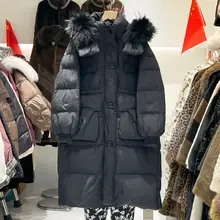 豪華なフォックスファー付きフードコート【ウエストリボン・長袖・白鹅绒仕様】