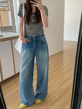 春季新作 笑顔デザインのデニム  パンツ【無弾力・ワイドレッグ・ロング丈】