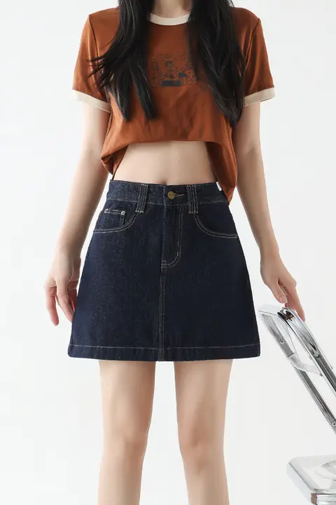深い青色のハイウエストデニムミニスカート【Aライン・夏用・大きいサイズ対応】