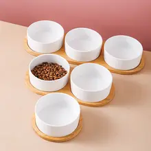 陶器製ペット用食器【シンプルデザイン・木製スタンド・キャット＆ドッグ用・二重食器・防倒れ】