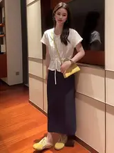 デザイン性のあるレース付きドローストリングシャツとフレアスカート【カジュアル・多  用途】（セットアップ対応）
