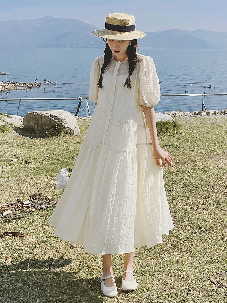 パフスリーブ ワンピース 女性夏用 ミルクホワイト A字スタイルの実用性と着心地