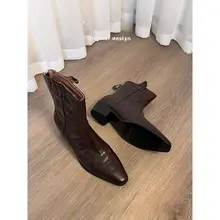 水洗牛皮製 女性用 ヴィンテージスタイルのショートブーツ【太ヒール・先細デザイン】