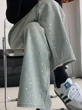 ビッグサイズ レディース デニムパンツ【ワイドレッグ・ストレート・春秋用・装飾ビジュー】