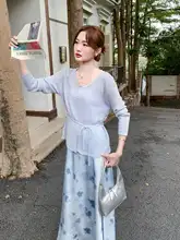 涼しさと快適さを両立！軽量ニットUVカットトップス【優雅な印花・スリムなシルエット】とフレアスカート（セットアップ対応）
