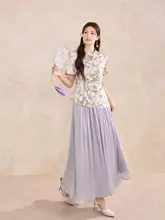 新中式デザインの印花斜襟チーパオ上衣【サテン・Aライン・ルーズフィット】とスカート（セットアップ対応）