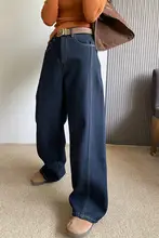 冬用ワイドレッグデニムパンツ【加圧裏地・高ウエスト・ゆったりシルエット・ストレート】