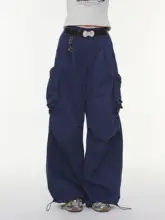 ハイウエストストレートワイドパンツ【ディープブルー・リボン付き・カジュアル】