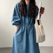 春季レトロスタイルのデニムワンピース【ラウンドネック・ウエストマーク・大きなフレア】