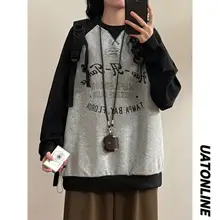 春季 美式レトロ学院風 プリントアップリケ入り コントラストカラーのラグランスリーブスウェットシャツ【レディース用】