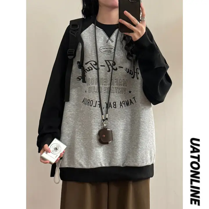 春季 美式レトロ学院風 プリントアップリケ入り コントラストカラーのラグランスリーブスウェットシャツ【レディース用】