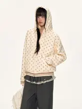 レトロドットデザインのフード付きトップス【女性用・カジュアルスタイル・小さ  いサイズ対応】（セットアップ対応）
