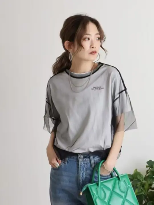 夏用 ゆったりシースルーTシャツ【ブラック＆ホワイト・フリルヘム・短袖】