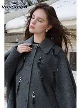 冬用 軽やかで柔らかい 毛織り コート【ブローチ付き・フリンジ・ゆったりシルエット】