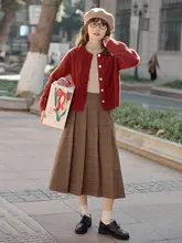 デザイン性のあるコーヒーチェックの中長丈フレアスカート【Aライン・ウール・プリーツ】