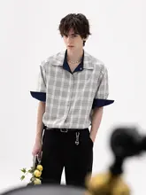 リバーシブルデザインのアイスシルクデニムチェック柄シャツ【夏用・ノーアイロン・抗シワ・ロール  アップ袖】