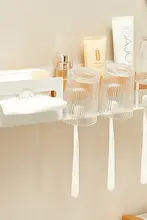 原木製の洗面器＆洗顔タオル置き架【ホワイトカラー・電動歯ブラシホルダー付き】