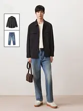 提花デザインのシャツ【レトロ仕上げ・長袖】とウォッシュドデニムパンツ【通勤用】（セットアップ対応）