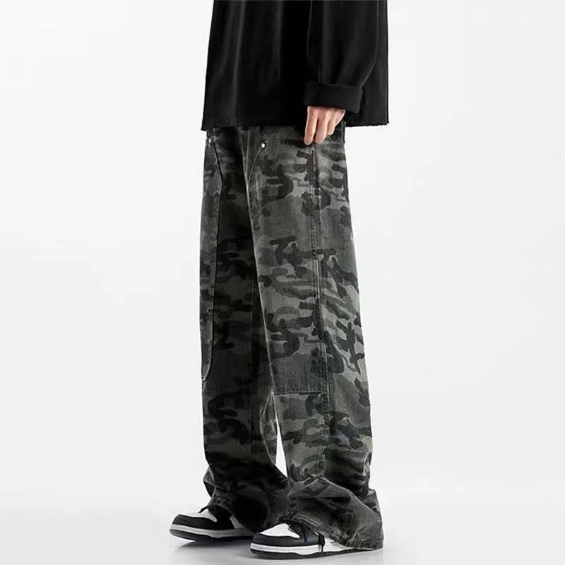 カモフラージュデザインのレディースワイドレッグデニムパンツ：レトロスタイルで秋の日常を快適に