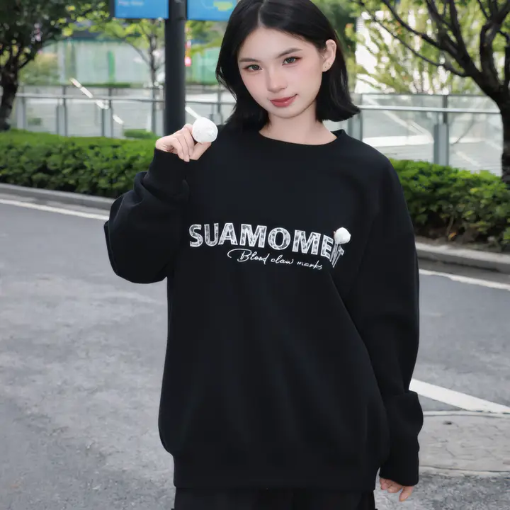スウェット ユニセックス スクラッチ カメリア刺繍 立体的 オーバーサイズ ルーズ アメリカン風 秋「SuaMoment」