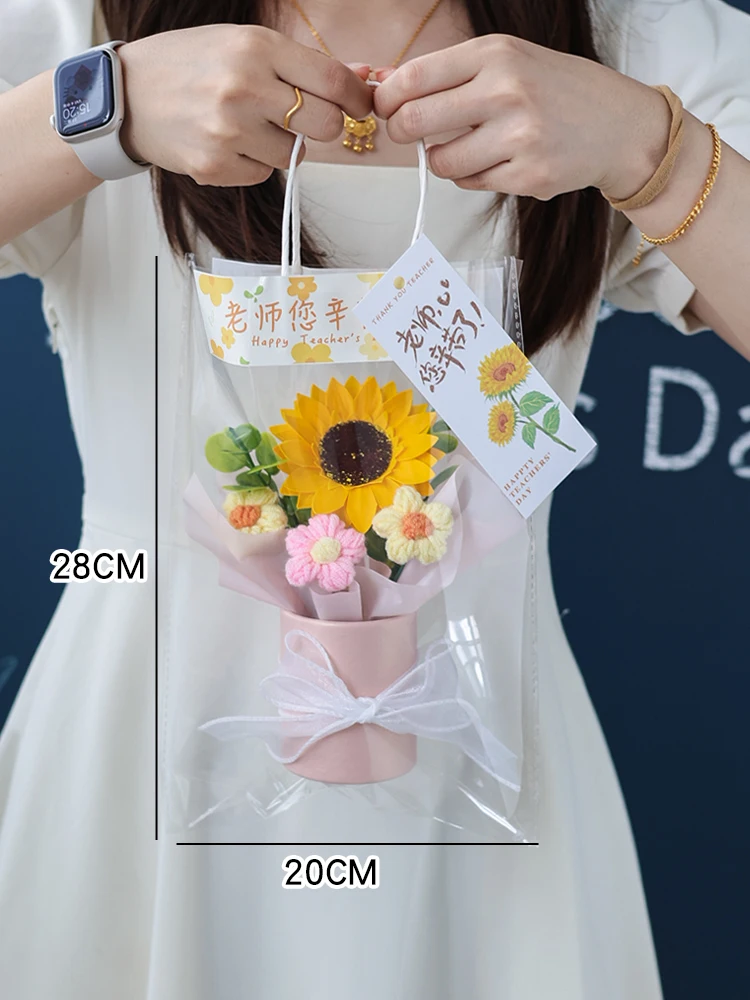 手作りかぎ針編みひまわりの小花バケツ：保育園や小学校卒業祝いに最適な実用的創意ギフト