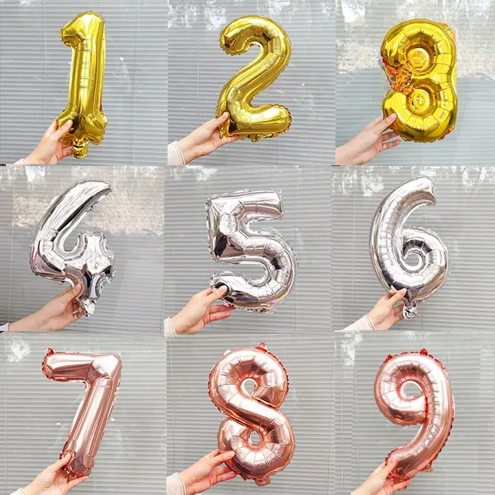 16インチ数字アルミ風船【金・銀・誕生日パーティー装飾用】