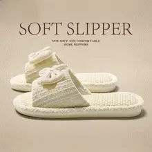 リボンデザインの全麻製ルームスリッパ【通気性・防臭・女性用】