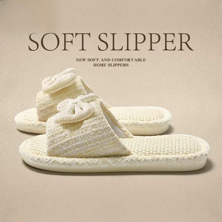 リボンデザインの全麻製ルームスリッパ【通気性・防臭・女性用】