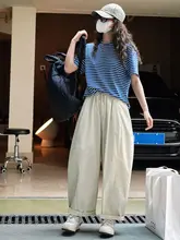 ミリタリーグリーン デザイン抽绳付きアーチ型ワイドレッグカジュアルパンツ【夏用・薄手・高腰・防日焼け】（セットアップ対応）