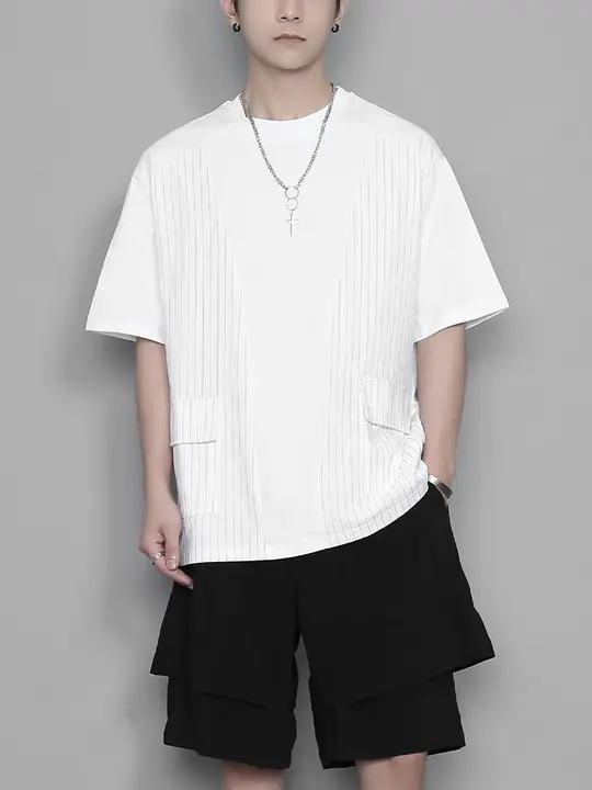 Tシャツ 半袖 メンズ カジュアル ストライプ ポケット 切り替え デザイン 日系 港風 個性