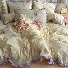 フラワープリントの泡芙棉製ベッドカバー【フレンチスタイル・レーストリム・四季対応】（セットアップ対応）