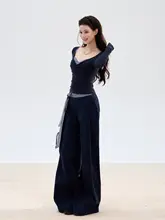 チェック柄 デザインのリボン付きワイドレッグカジュアルパンツ【春用・ゆったりシルエット・スリム効果】（セットアップ対応）