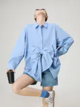 魅力的なリバーシブルシャツ【青・立体的なバタフライボウ・春用・女性用】