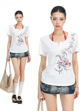 音符プリント大きいラウンドネック半袖Tシャツ【レディース・夏用・透 breathable・スリムフィット】