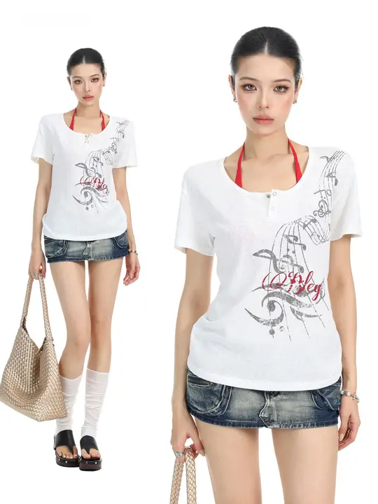 音符プリント大きいラウンドネック半袖Tシャツ【レディース・夏用・透 breathable・スリムフィット】