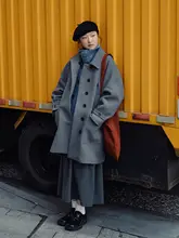 レトロな中長丈のダブルブレストウールコート【ブラウン・グレー・女性用】