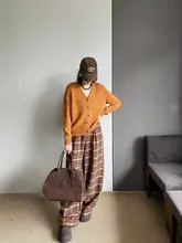 ヴィンテージ風チェックデザインのウールワイドパンツ【ハイウエスト・スリム効果・ロング丈】（セットアップ対応）