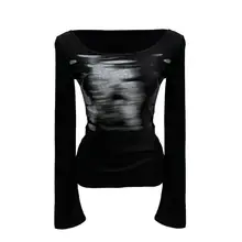 斜め肩デザインの長袖Tシャツ【秋用・プリント・スリムフィット・薄手】