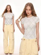 レースデザインのショートTシャツ【女性用・フィット感・夏用・ルーズスタイル】