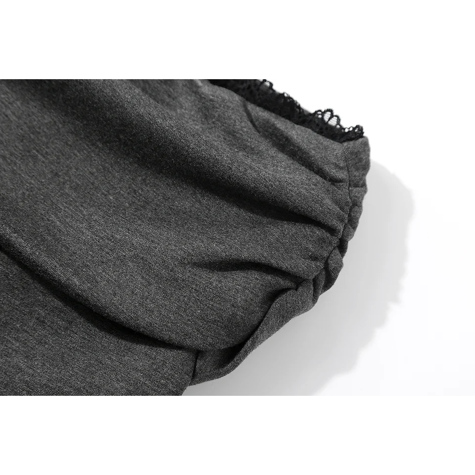 高腰レース付きデザインのパンツ【ひらひら裾・皺加工】（セットアップ対応）