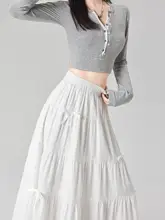 白色リボンデザインのロングカシュクールスカート【高ウエスト・Aライン・大きなフレア】