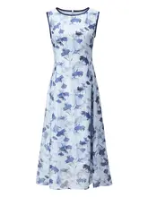 水墨印花デザインの女性用ワンピース【ブルー・タイトフィット・ラウンドネック・ノースリーブ】